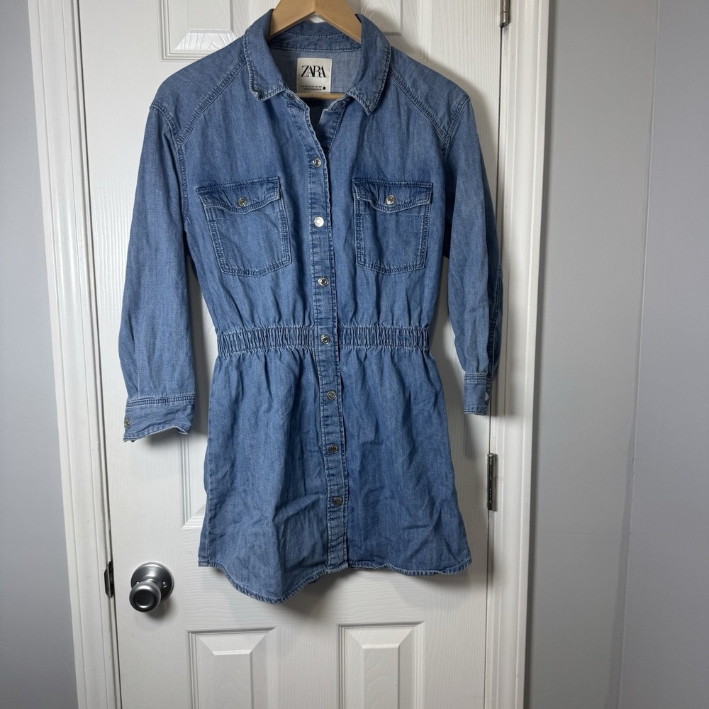 ZARA Womens Dress Blue Denim Mini Shirtdress Jean Long Sleeve‎ A Line XS